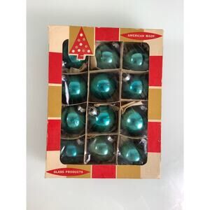 Vintage Coby Blue Glass Christmas Ornaments 1 3/4” box of 12